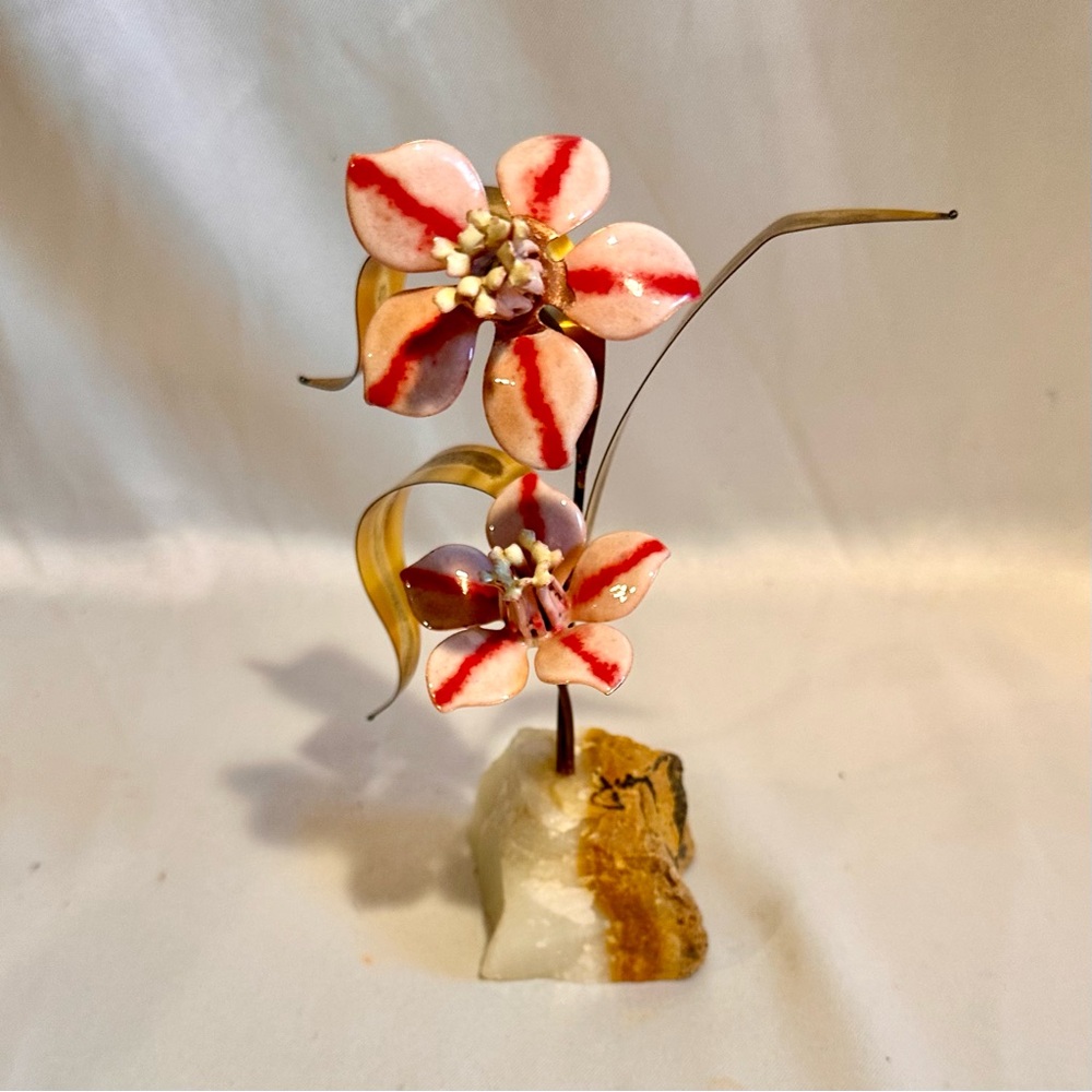 Mid-Century Enameled Pink Daffodil Flower Sculpture on Stone Base